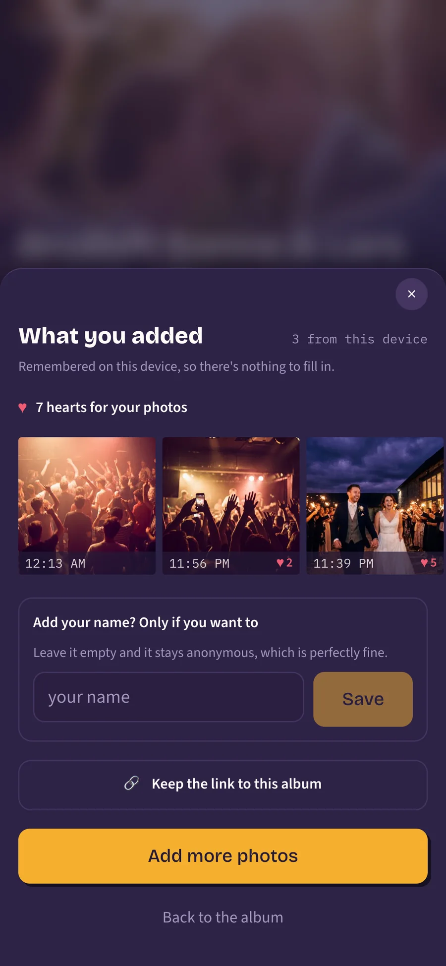 Panel showing three of your own uploads, seven hearts and an empty name field