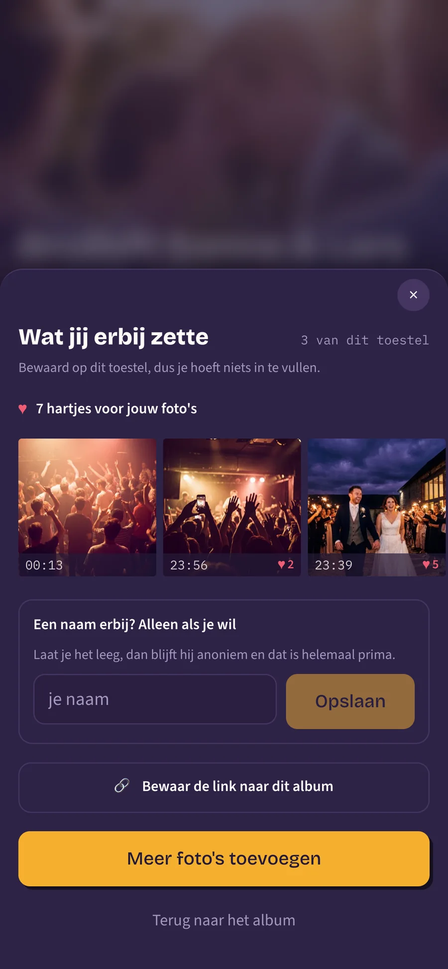Schermpje met drie eigen uploads, zeven hartjes en een leeg naamveld