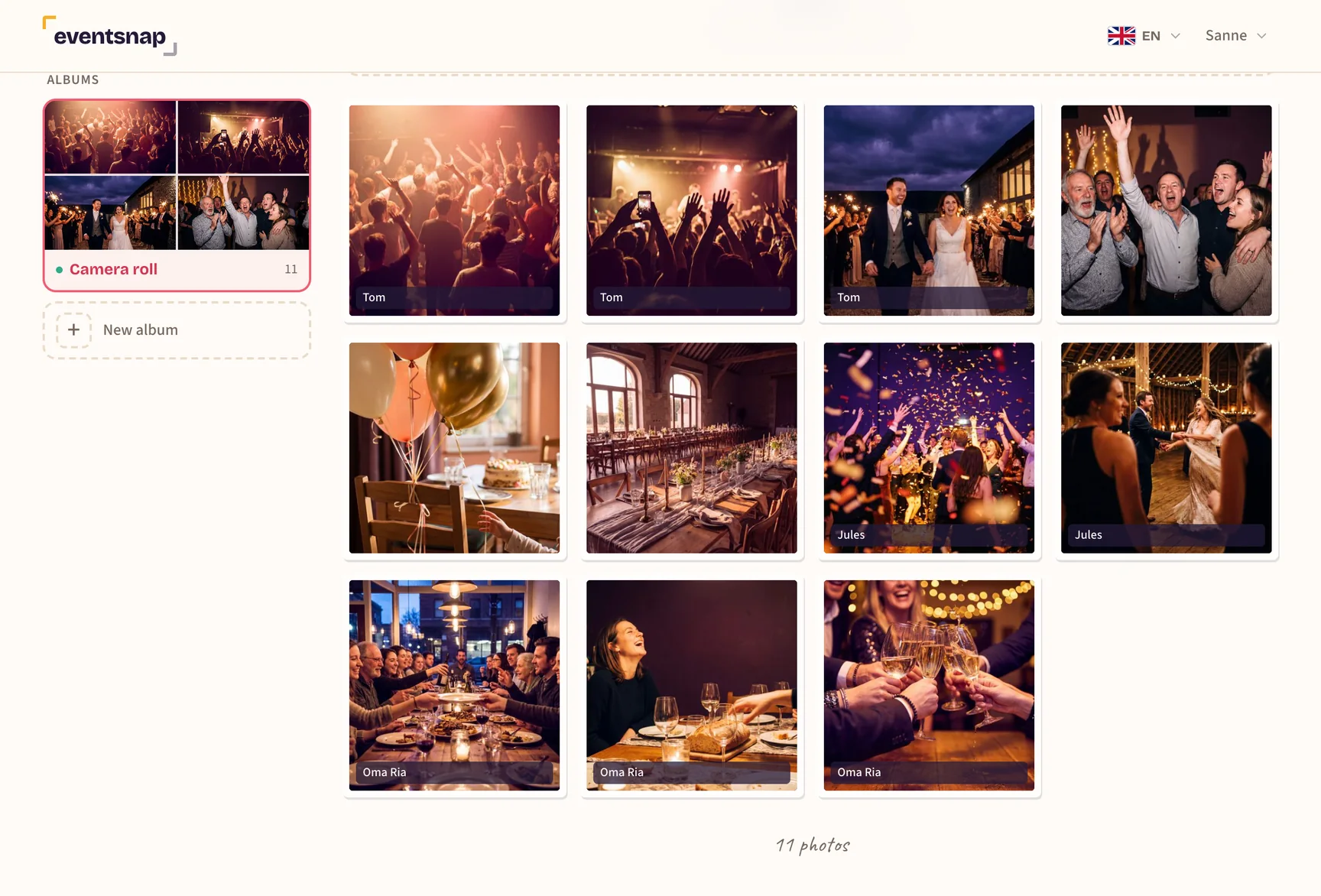 The organiser's photo roll, with a name under some of the photos