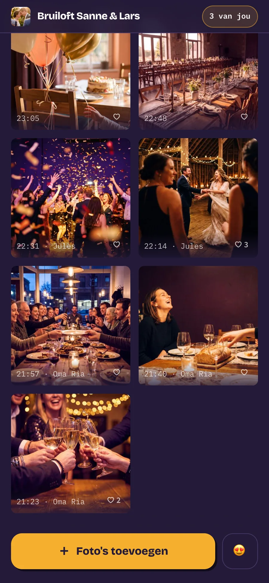 Fotorol waarin sommige foto's een naam onder zich hebben staan en andere alleen een tijd