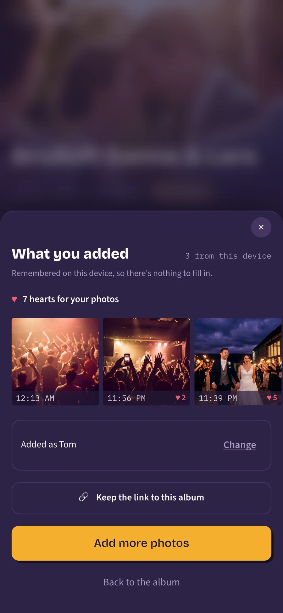 The same panel, now showing that the photos are added as Tom