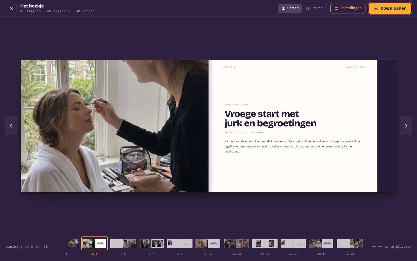 Het voorbeeld van het boekje op een donkere achtergrond, met een dubbele pagina, de strook met alle pagina's en de knop Downloaden