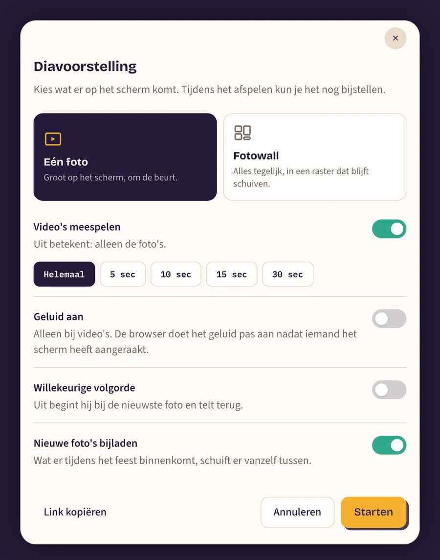 Het instellingenpaneel van de diavoorstelling met keuzes voor weergave, video's, geluid, volgorde en bijladen